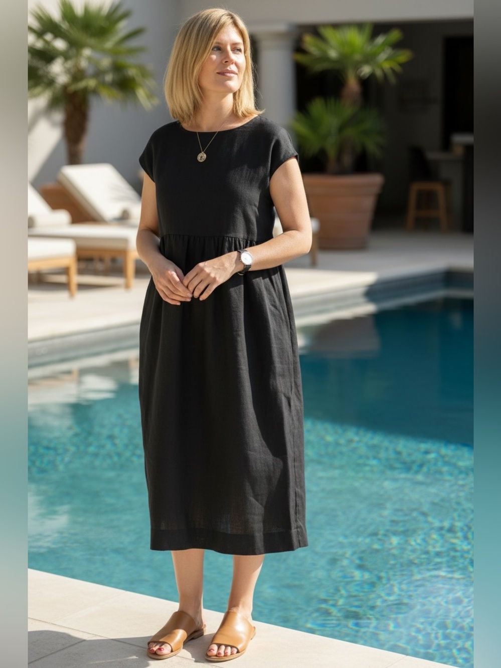 Valentina Made In Italy 100% Linen Black Midi Dress with Cap Sleeves Size Large
